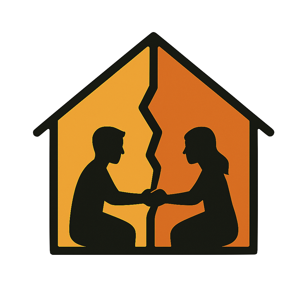 Logo of a house with a cracked center and a couple reaching across the divide—symbolizing healing financial communication for couples.