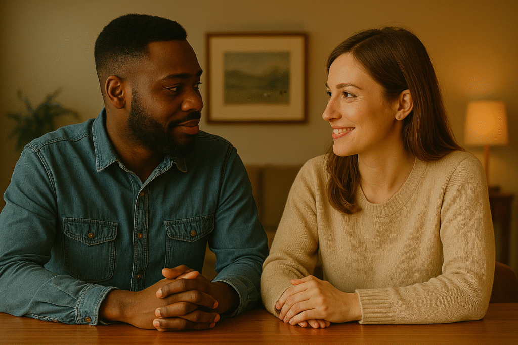 A couple sitting together at a wooden table in a warm, inviting home, sharing a quiet moment of connection—symbolizing safe, supportive conversations about money.