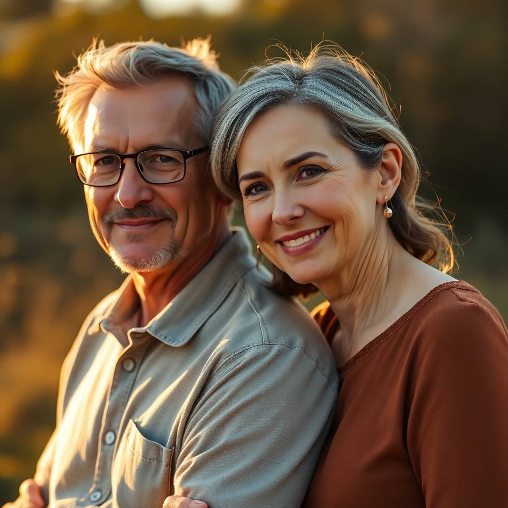 Middle-aged couple outdoors at sunset, smiling warmly as they reconnect around money conversations