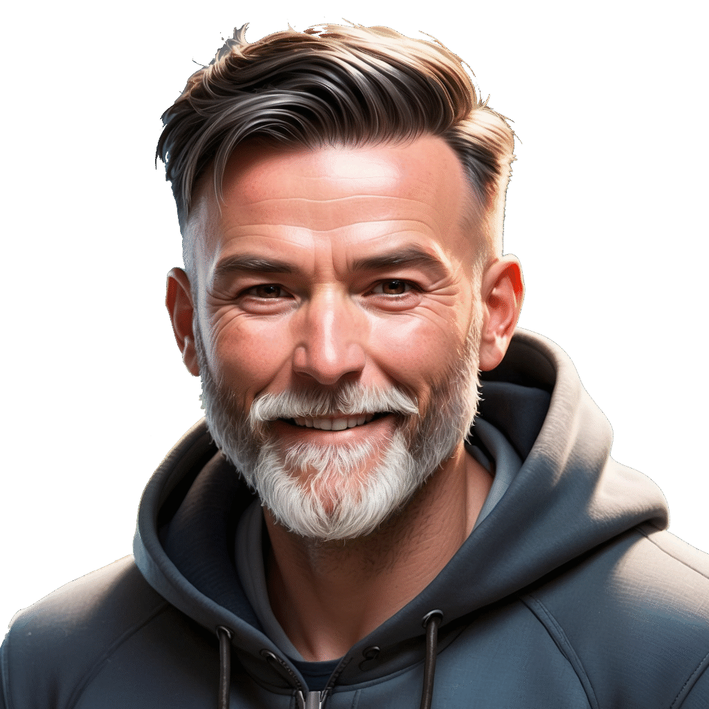 Matt, a trauma-informed coach with 16+ years experience, smiling warmly in a casual hoodie — helping couples navigate difficult money conversations with safety and clarity.
