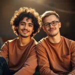 A young gay couple sitting close, warmly smiling and relaxed, in soft neutral tones, radiating emotional safety.
