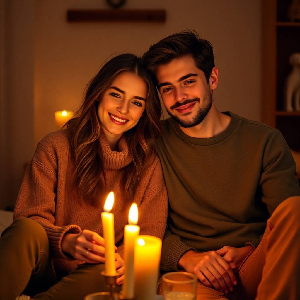 A smiling millennial couple sitting close together by candlelight, creating a warm and trusting atmosphere for deeper conversation.
