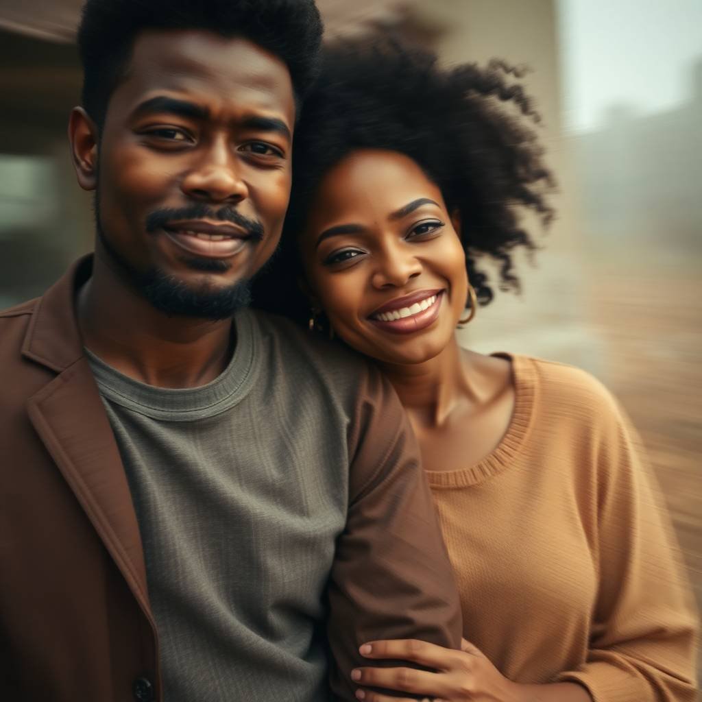 A smiling African American couple stands close together outdoors, radiating warmth and connection.
