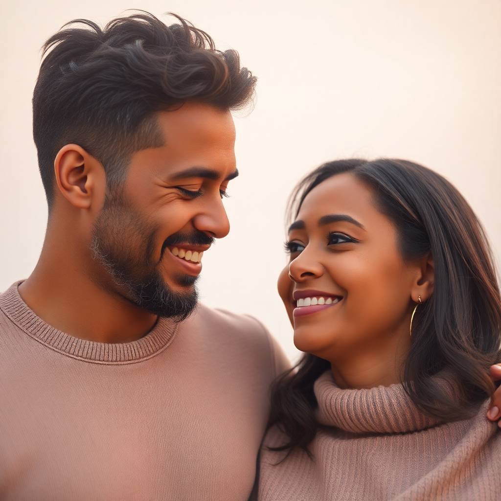 Close-up portrait of a multi-ethnic couple smiling warmly against a softly lit background.