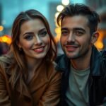 A smiling couple sits close together, glowing under colorful city lights in an urban evening setting.