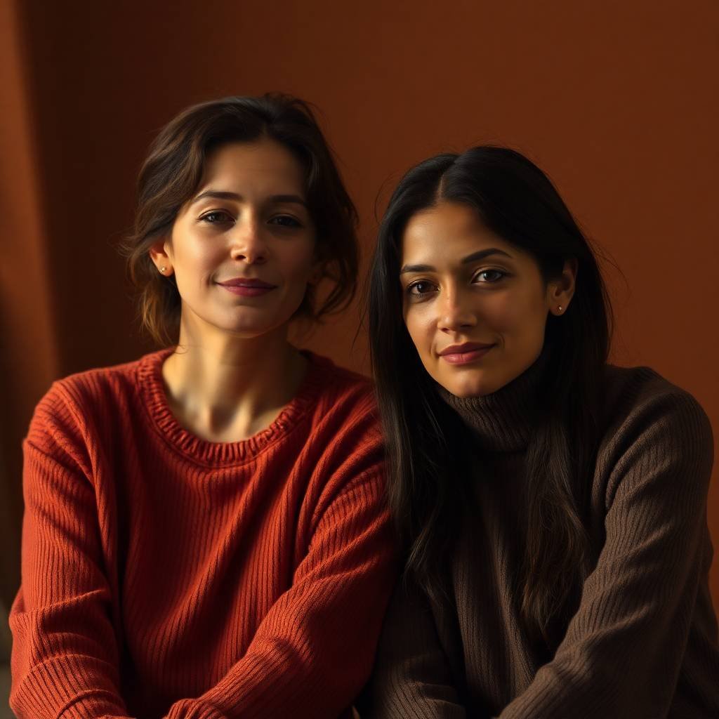 Two women sitting closely together against a warm, rust-colored background, both wearing autumn-toned sweaters and looking calmly at the camera.