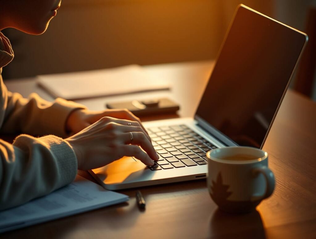 Close-up of a person typing on a laptop at a wooden table with a coffee mug nearby, bathed in warm golden hour light, evoking a cozy and focused atmosphere.