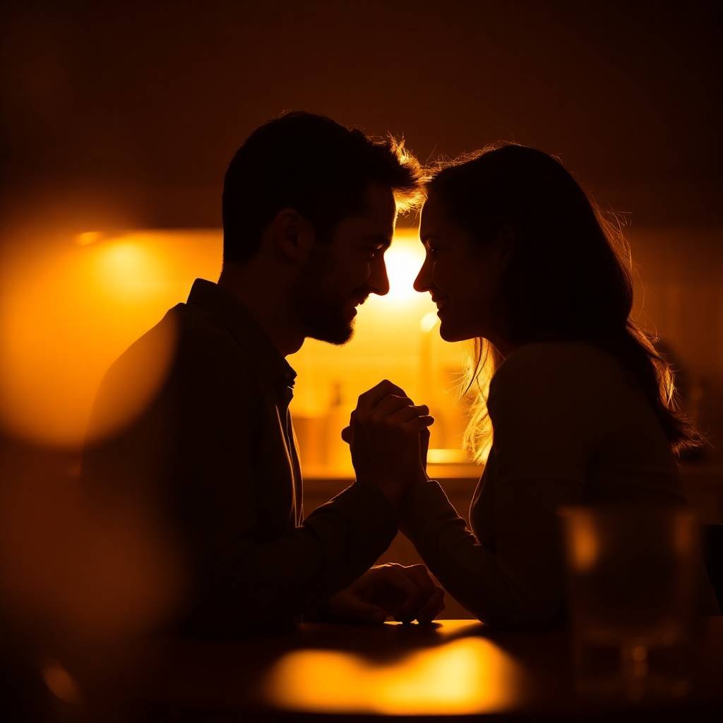 Silhouetted couple in their 30s sitting close at a small kitchen table, foreheads touching and hands intertwined, bathed in warm golden backlight, conveying intimacy, connection, and hope.